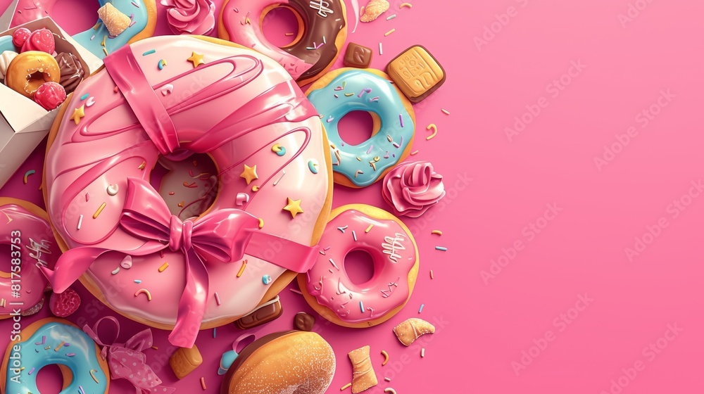 Obraz premium Sweet and Delicious Donuts Background, Isolated Food Cake Dessert Pastry White Bakery. Chocolate Donuts Background Sprinkles Pink Donuts Colorful Decorated Glaze Candy Eat Cookie Blue Sugar Birthday M
