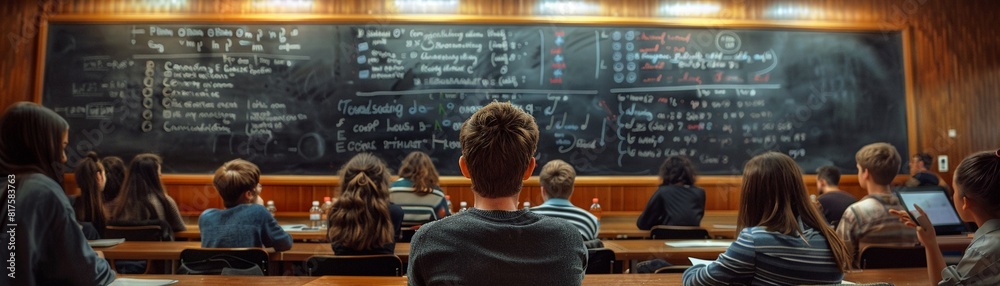 A college classroom with a blackboard filled with notes, illustrating a challenging course in economics 8K , high-resolution, ultra HD,up32K HD A college classroom with a blackboard filled with notes, illustrating a challenging course in economics 8K , high-resolution, ultra HD,up32K HD