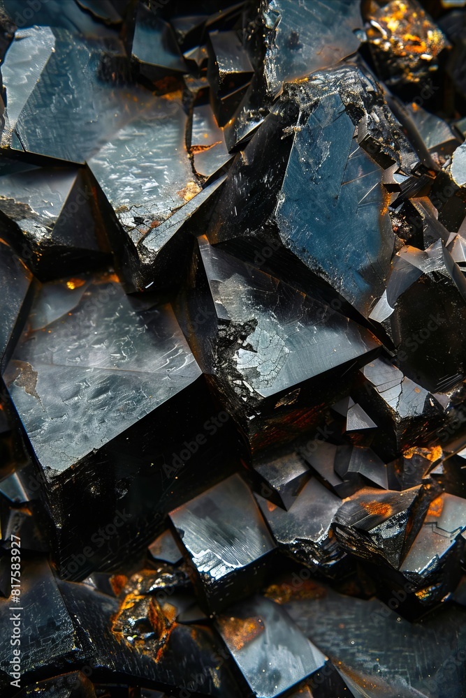 A close up of some black and shiny rocks. A close up of some black and shiny rocks.