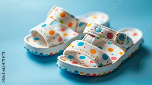 Soft and cozy toddler sandals with polka dot designs, close-up on an isolated background, showcasing comfort and fun patterns, studio lighting