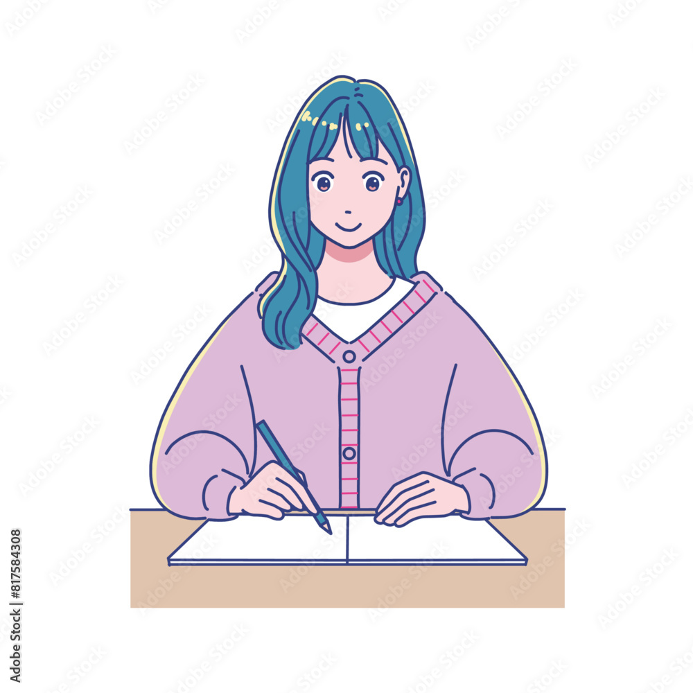 机で勉強するアニメ風の女子学生 机で勉強するアニメ風の女子学生