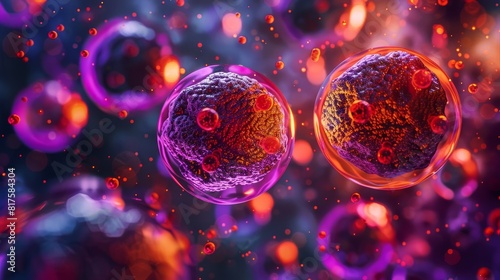 Scientific close-up showcasing cells with nuclei in a colorful blend of red, orange, and purple, designed for clarity in medical illustrations