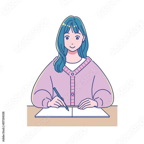 机で勉強するアニメ風の女子学生