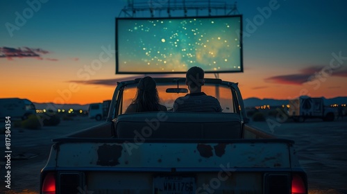 Romantic date night at a drive-in cinema, car positioned for optimal viewing of the large outdoor movie screen, under a clear night sky photo