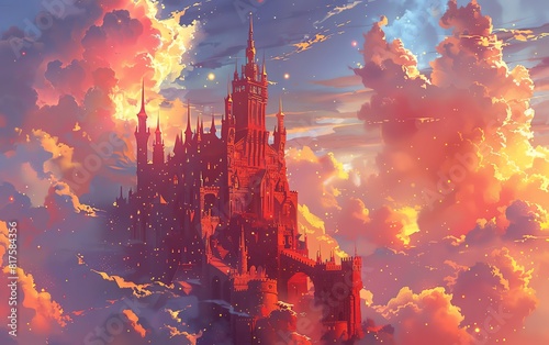 A grand red castle against a backdrop of colossal, glowing clouds, enchanted theme, whimsical, Multilayer, a vast open sky as backdrop