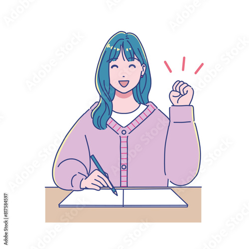 机で勉強するアニメ風の女子学生