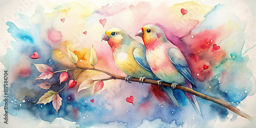 A pair of lovebirds perched on a watercolor branch, surrounded by hearts photo