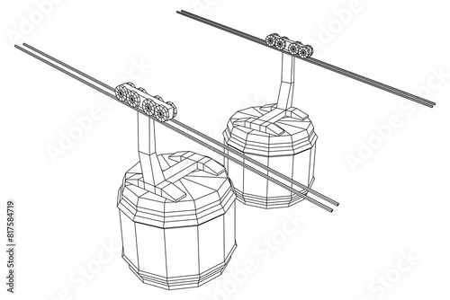 Cable car cabin gondola. Funicular simple cableway concept. Wireframe low poly mesh vector illustration