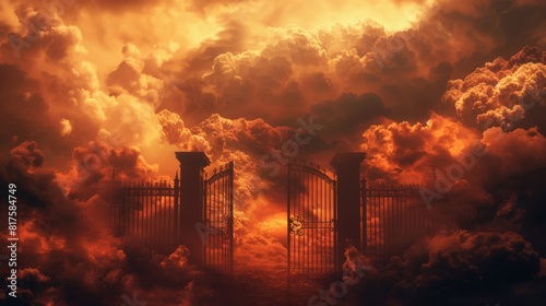 Majestic black gate amidst fiery clouds, close-up portraying the ominous threshold to hell, isolated for clarity and focus photo
