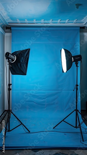 Modern Photo Studio on Blue Background: Professional and Creative Space for Photography