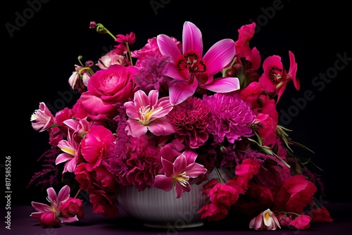 Floral arrangement with trendy colors viva magenta on black background © Md Mojammel