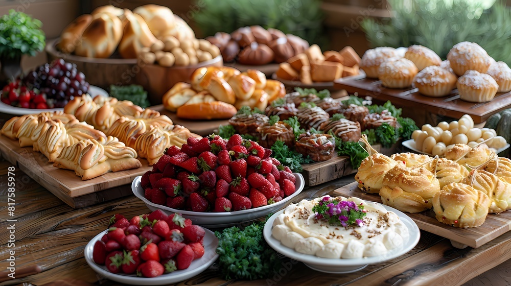 A birthday brunch spread featuring an array of savory and sweet treats, perfect for an early morning celebration