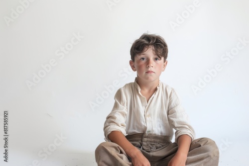 Boy sitting cross-legged in vintage attire looking pensive