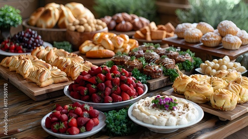 A birthday brunch spread featuring an array of savory and sweet treats, perfect for an early morning celebration