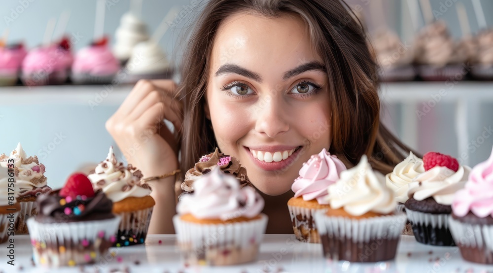 A woman holds a bunch of cupcakes before her Behind her, a table is filled with more cupcakes A woman holds a bunch of cupcakes before her Behind her, a table is filled with more cupcakes