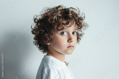 Young boy with curly hair looking straight with serious expression