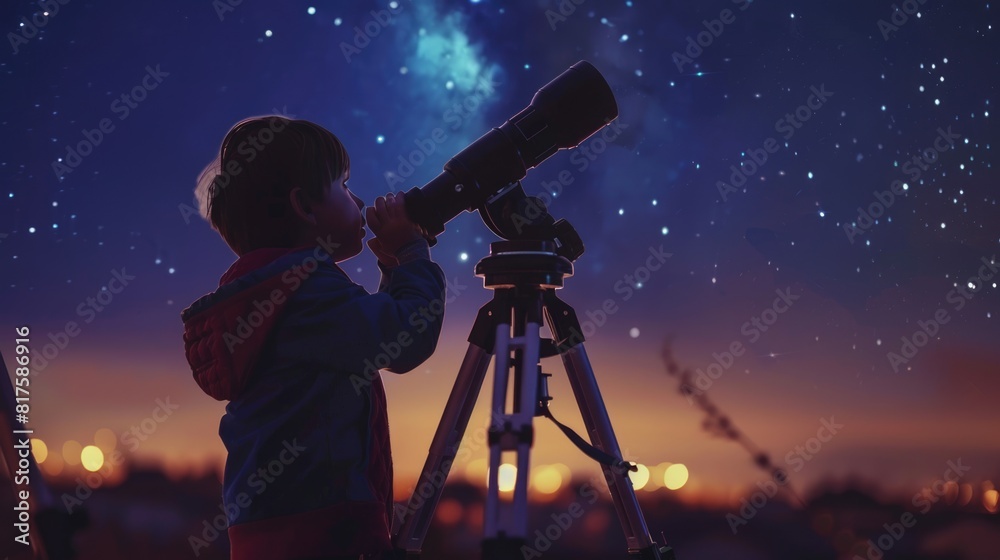 Little boy looks at stars through a telescope. Beautiful starry sky. Child studies astronomy. Silhouette astronomer guy gaze star. Space background. Man explore universe. Cosmic discovery.