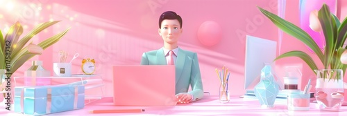 Stylish Business Manager at His Minimalist Pastel Colored Desk