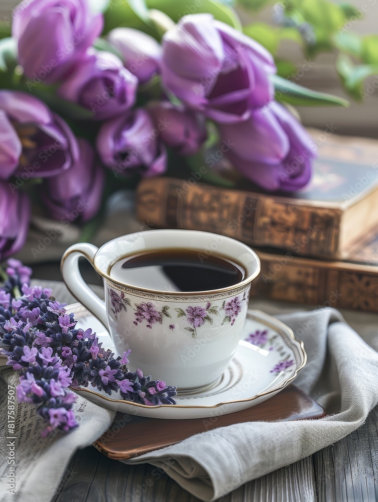 A cup of coffee atop a saucer, nearby stacked books, and a cluster of purple flowers A cup of coffee atop a saucer, nearby stacked books, and a cluster of purple flowers