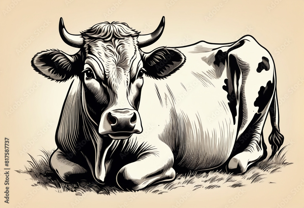 Fototapeta premium Cow in graphic style, sketch vintage illustration