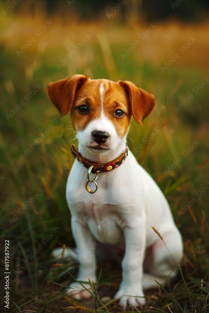 A small white and brown dog sitting in the grass. A small white and brown dog sitting in the grass.