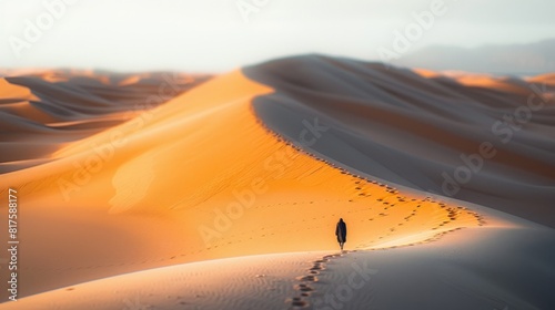 A lone traveler walks through the vast desert  leaving footprints in the sand against a backdrop of endless dunes and clear skies.