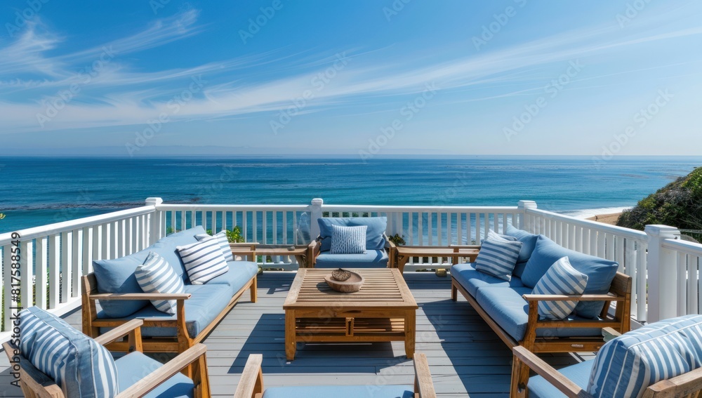 Fototapeta premium outdoor room with beach view, table and chairs to enjoy the beach