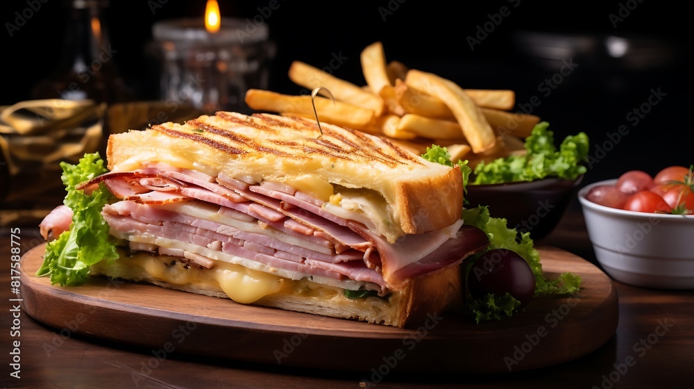 Ham and omelette club sandwich and potatoes on a dark background. Ham and omelette club sandwich and potatoes on a dark background.