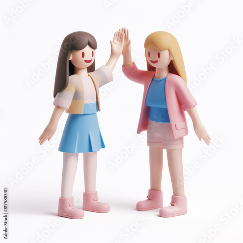  3D icon two girls high five each other on white background 