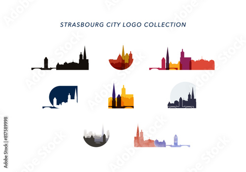 Strasbourg city vector logo set. France, Alsace town modern skyline icons collection with cityscape and landmarks silhouette, isolated graphic concept