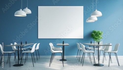 Modern cafe interior with tables, chairs and a large blank poster on an blue wall, under natural light, concept of advertising space. 3D Rendering, Ai Generate 