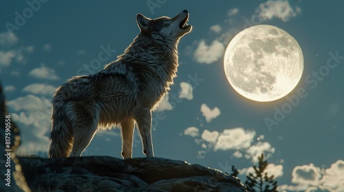 Atmospheric close-up of a wolf howling at a full moon  set against a backdrop of clear clouds  from a high rock vantage point