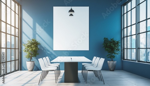 Modern cafe interior with tables, chairs and a large blank poster on an blue wall, under natural light, concept of advertising space. 3D Rendering, Ai Generate 