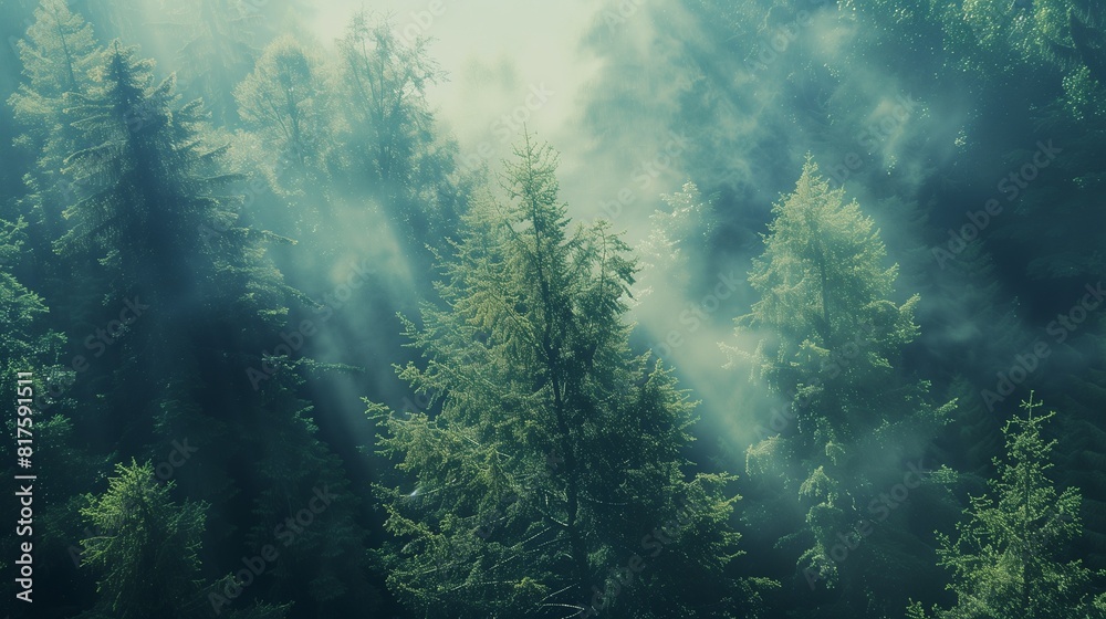 Nature-themed abstract background with misty forest and sunlight streaming through trees