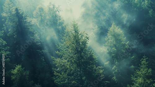 Nature-themed abstract background with misty forest and sunlight streaming through trees © Anastasia