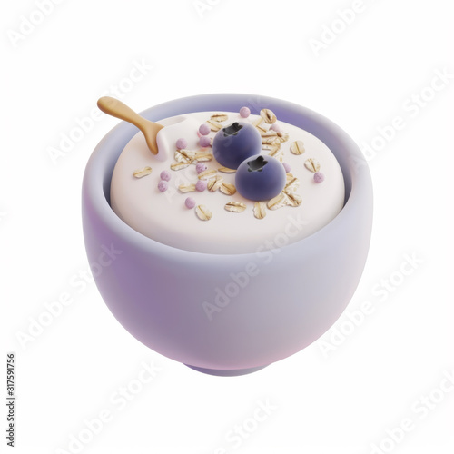  Muesli with yogurt and blueberries 3d icon on white background
