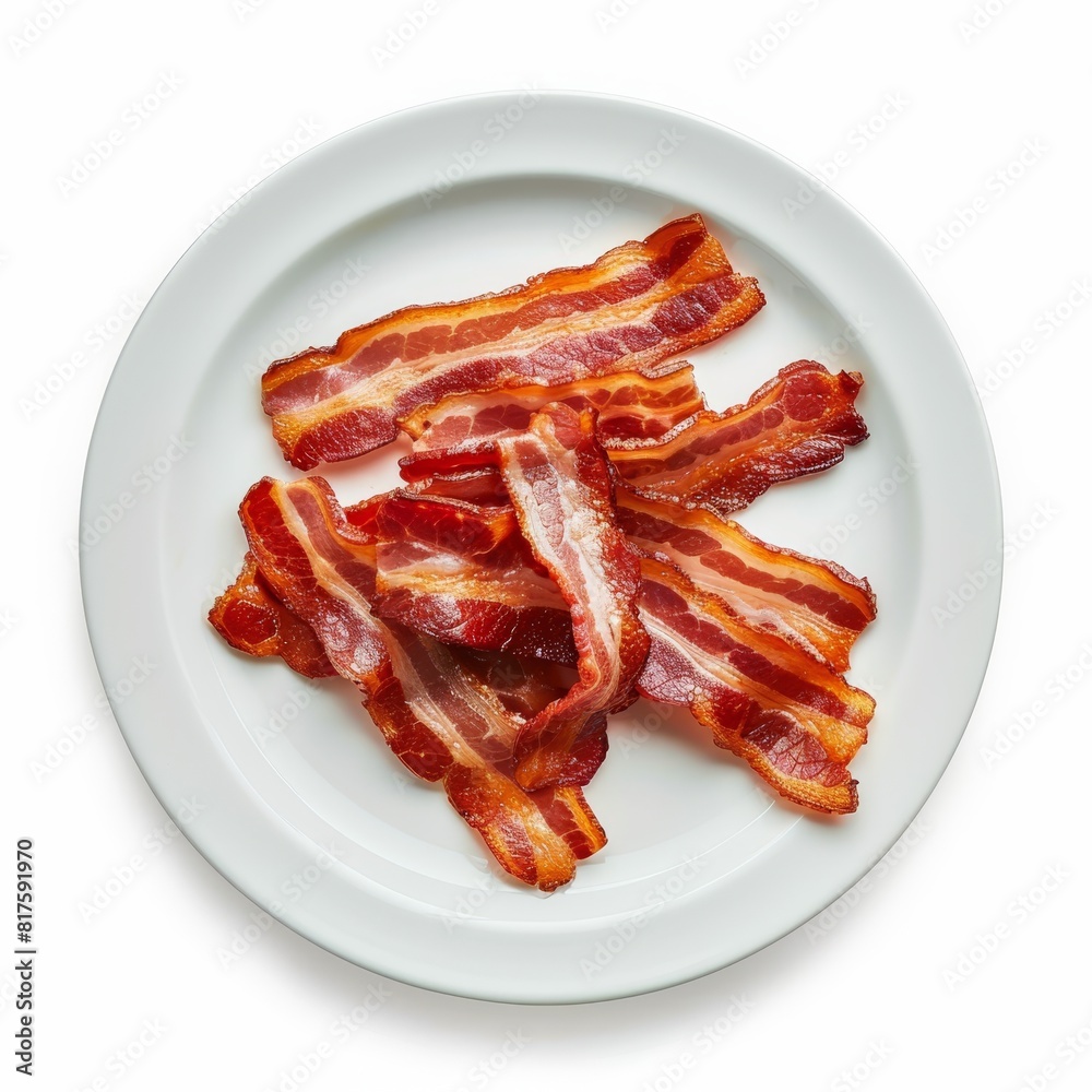 A white table holds a plate with bacon strips atop it Nearby, a steaming mug of coffee and a glass of water sit in readiness A white table holds a plate with bacon strips atop it Nearby, a steaming mug of coffee and a glass of water sit in readiness