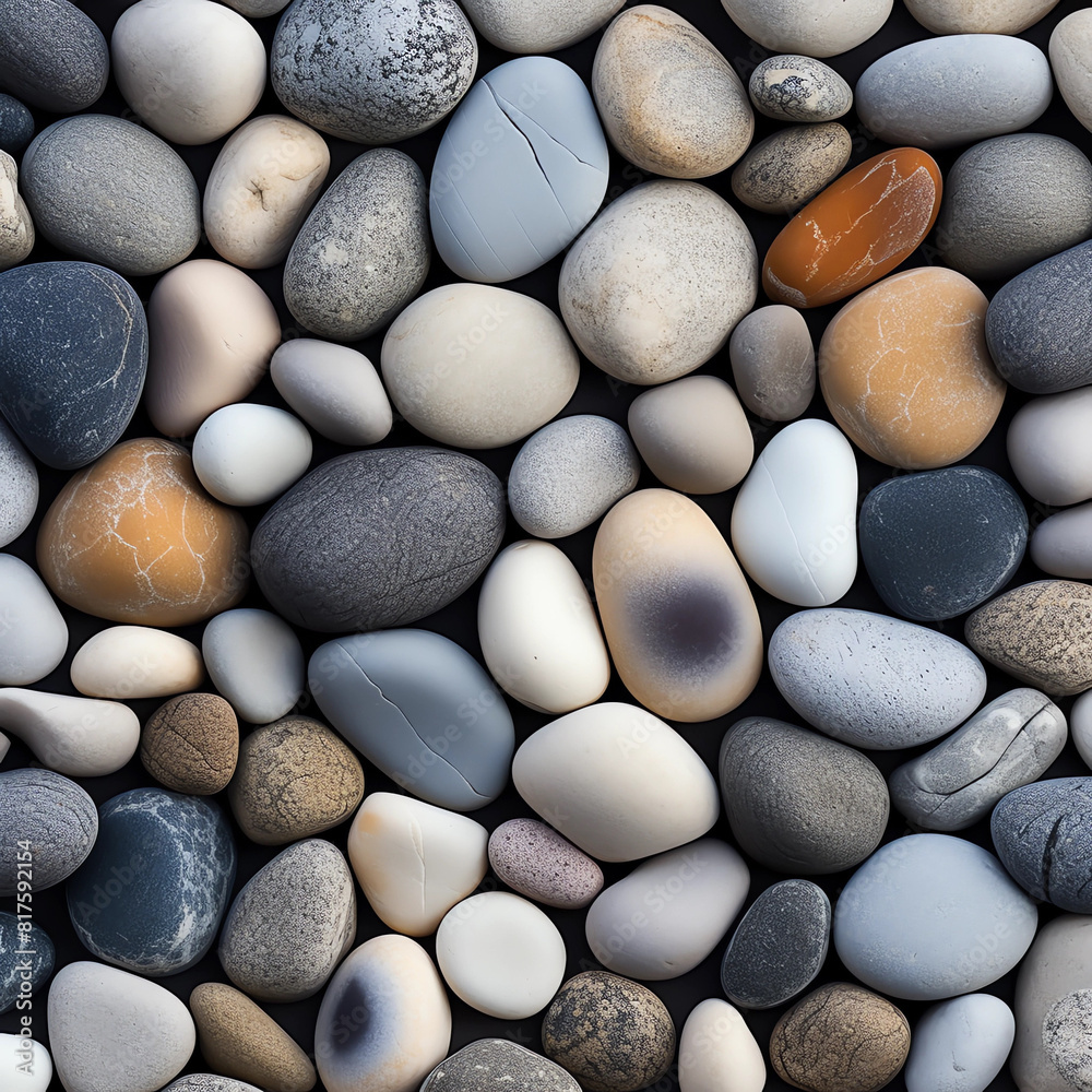 A pattern of smooth, round pebbles with varying shades and shapes A pattern of smooth, round pebbles with varying shades and shapes