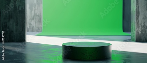 Closeup of a minimalist design podium in a techoriented environment, with a glitching green screen in the background photo