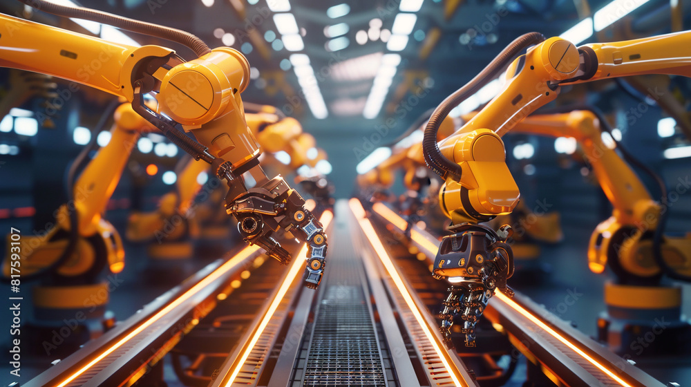 3d rendering robotic arms working on assembly line in factory. Concept of artificial intelligence for industrial revolution and automation manufacturing process.