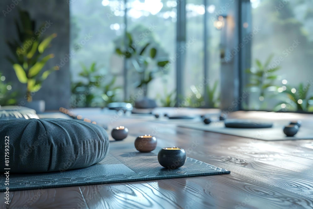 Fitness gear with realtime digital stats, set in a calming yoga studio, Futuristic, 3D, Cool neutral colors, Balanced modern fitness