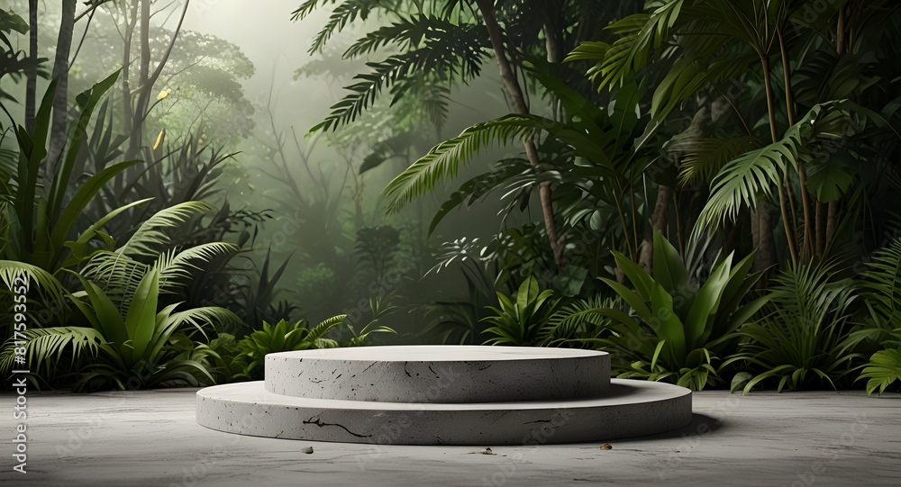 Podium background product green nature 3D forest stand white plant. Cosmetic background product podium display wood jungle studio garden beauty platform presentation mockup pedestal stone tropical Podium background product green nature 3D forest stand white plant. Cosmetic background product podium display wood jungle studio garden beauty platform presentation mockup pedestal stone tropical