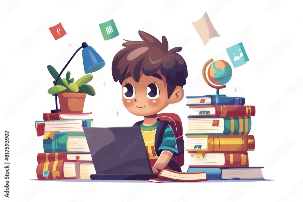 A boy is sitting at a desk with a laptop and a potted plant A boy is sitting at a desk with a laptop and a potted plant