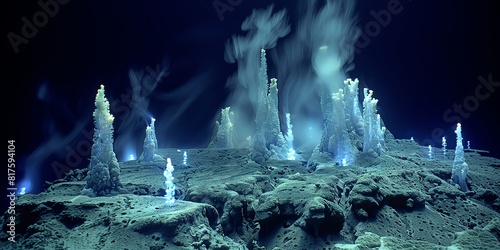 Magazinestyle photo of A mysterious deepsea scene with bioluminescent creatures illuminating the dark waters around a submerged mountain range