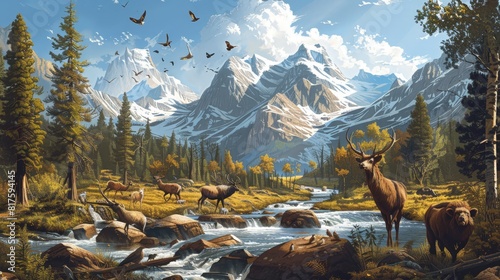 An illustration of a wildlife landscape with mountains, rivers, and a variety of animals
