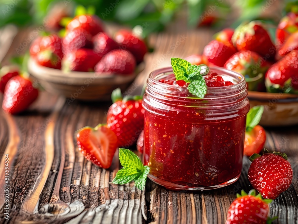 Ajar of strawberry jam, closely framed, sits on a table Strawberries dot the background In the foreground, a bowl brims with more strawberries Ajar of strawberry jam, closely framed, sits on a table Strawberries dot the background In the foreground, a bowl brims with more strawberries