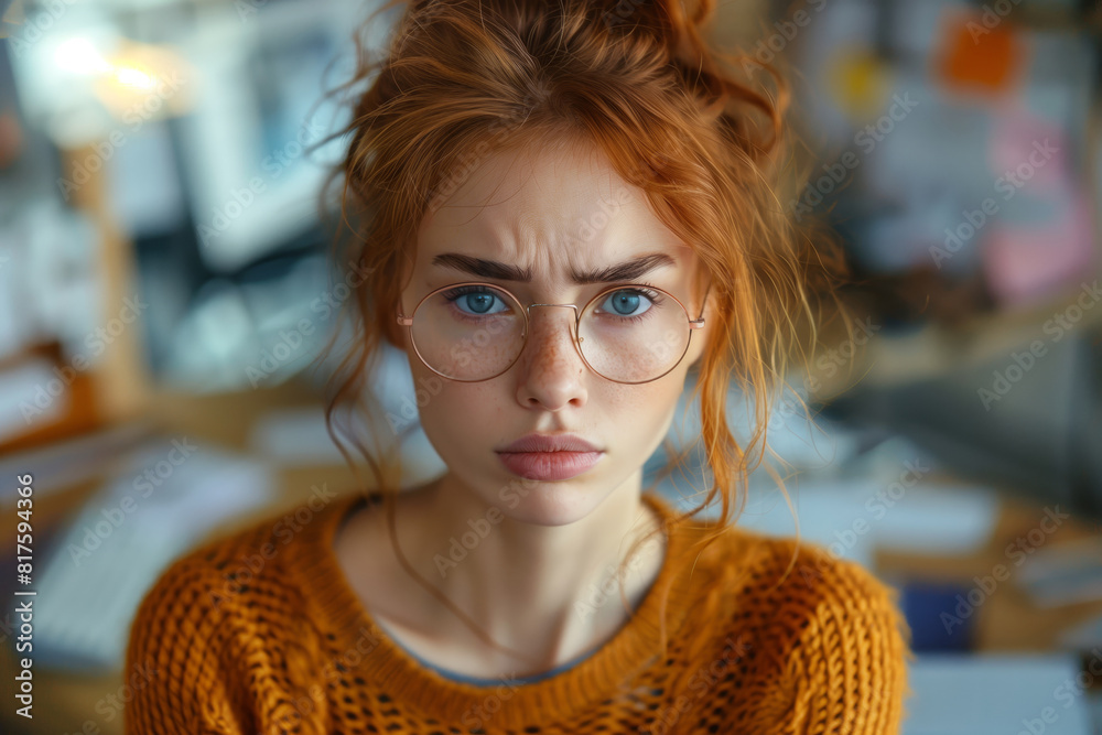 Beautiful frowning tired woman office worker in glasses looking at the camera while standing against the backdrop of chaos of documents. Deadline, overtime, business problems, burnout concept Beautiful frowning tired woman office worker in glasses looking at the camera while standing against the backdrop of chaos of documents. Deadline, overtime, business problems, burnout concept