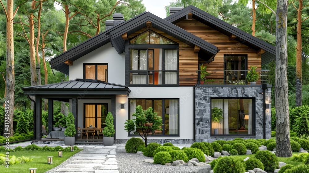 A house set amidst a woodland backdrop, featured is a winding stone path directing towards its front entrance A house set amidst a woodland backdrop, featured is a winding stone path directing towards its front entrance