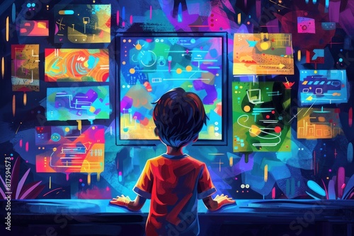 A boy is looking at a computer monitor with many different screens