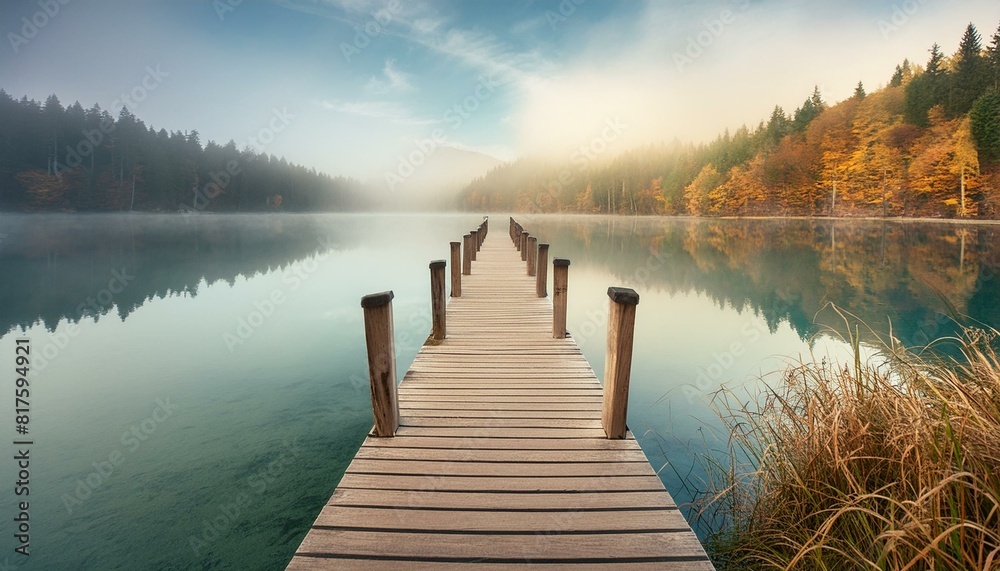 Serenity in the Mist: Wooden Jetty Bridge at a Foggy Autumn Lake Serenity in the Mist: Wooden Jetty Bridge at a Foggy Autumn Lake
